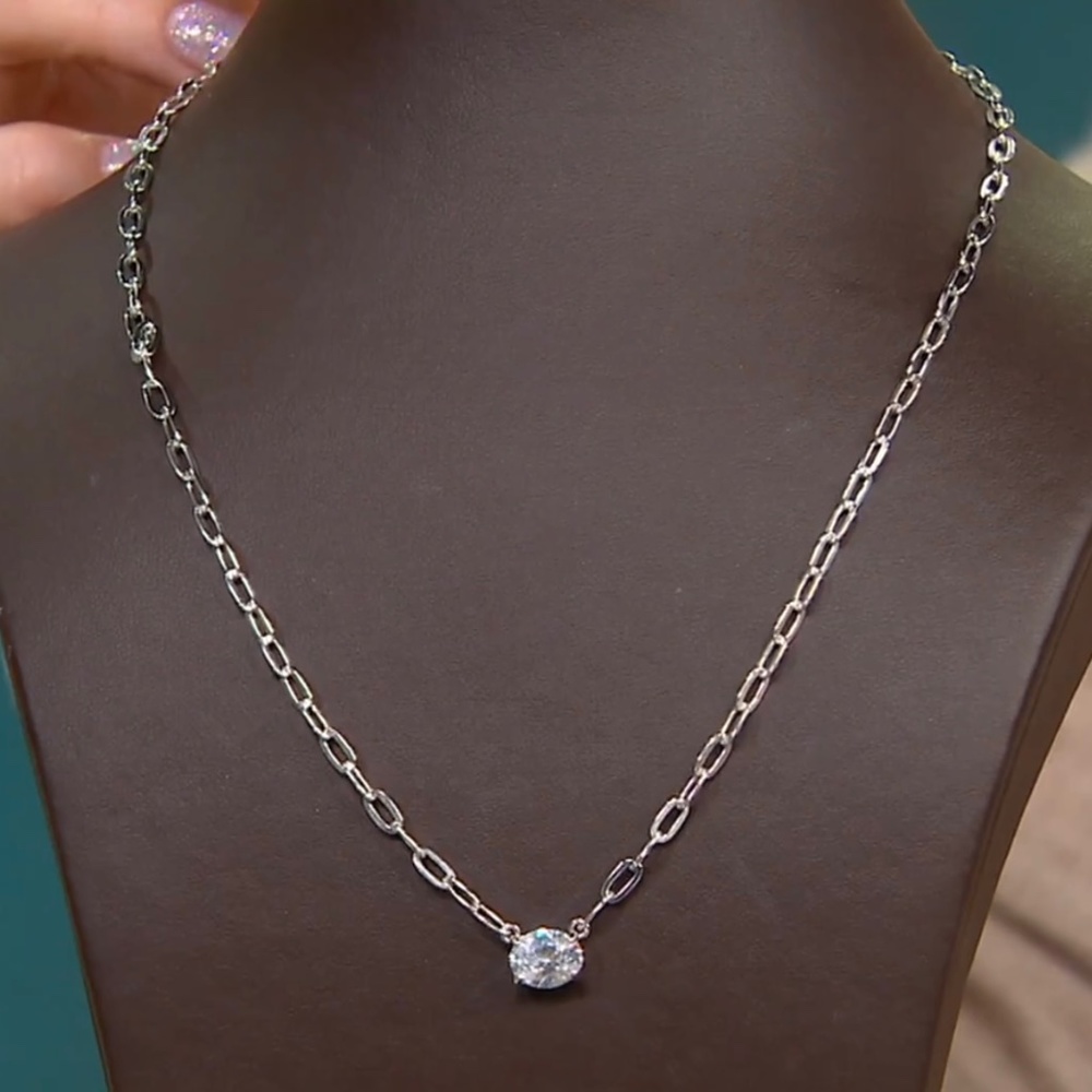 Diamonique Solitaire Necklace on Paperclip Chain Sterling Silver